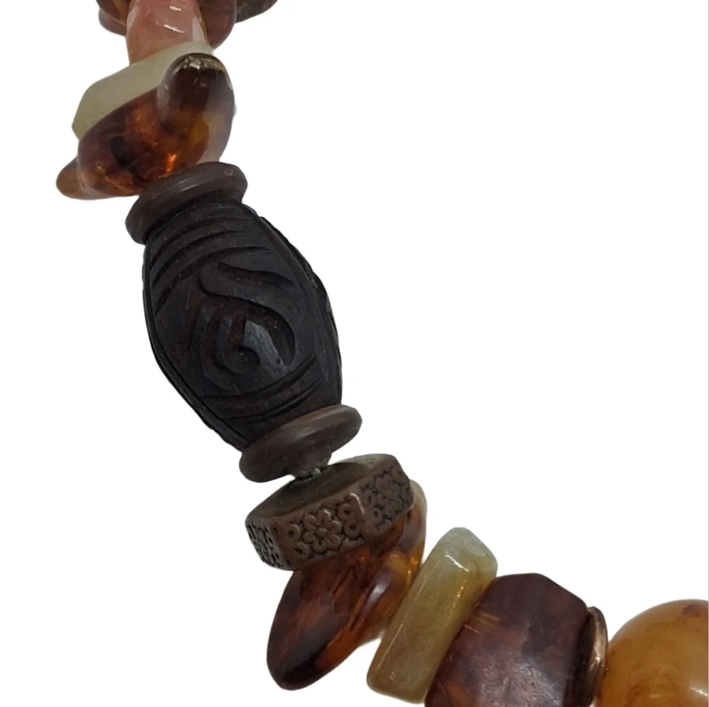 Vintage Carol Dauplaise Carved Wood & Faux Amber Chunky Statement Necklace